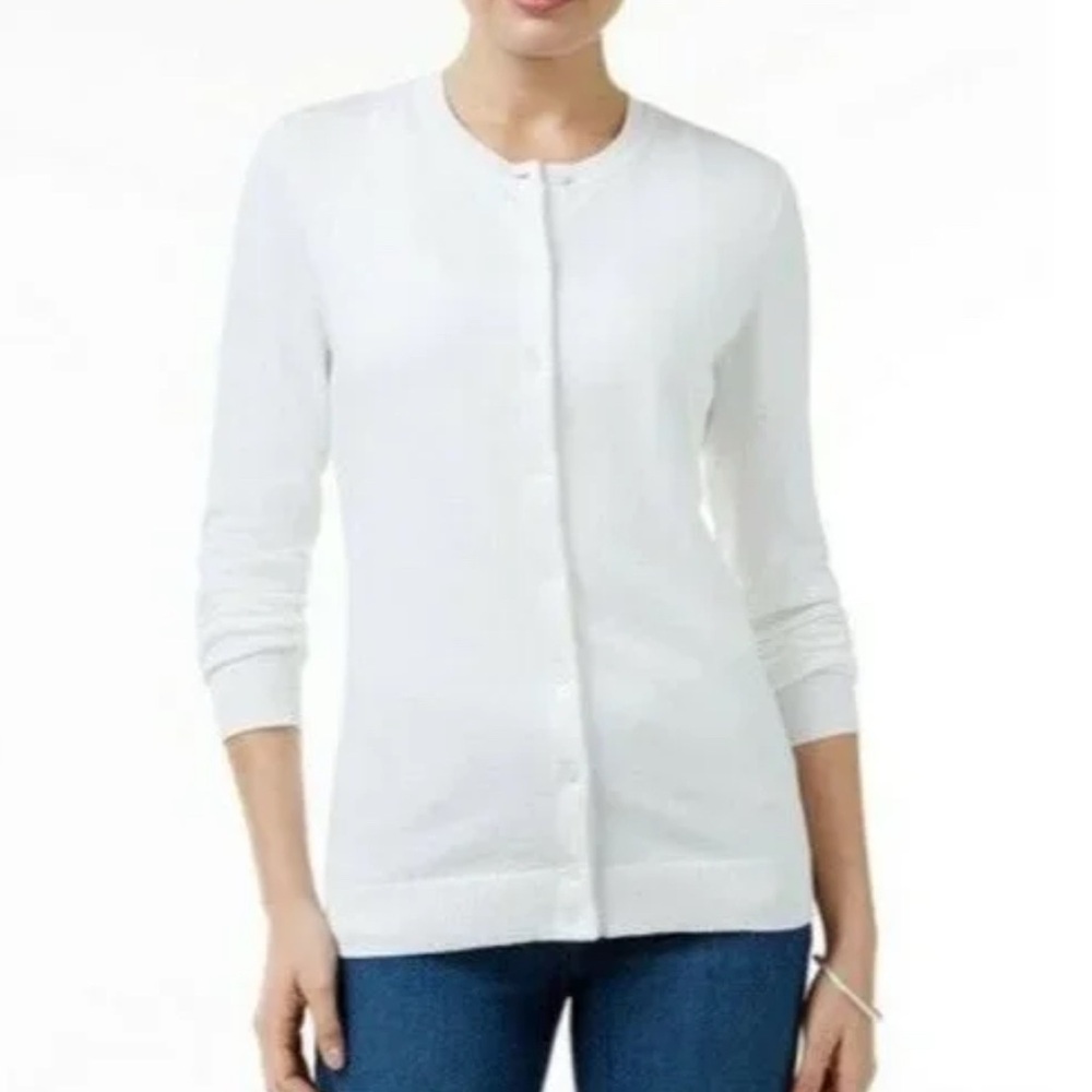 Karen Scott Women's White Buttonup Cardigan Sweater Size Small Long Sleeve